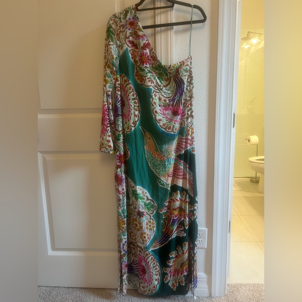 Anthropologie One-Shoulder Green Floral & Bird Maxi Dress